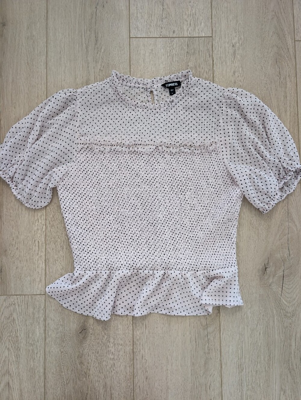 Express polka dot smocked peplum top with sheer puff sleeves | Size L